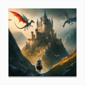 A Fantasy Castle With Dragons And Knights Canvas Print