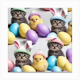 Seamless pattern with cats and chicks donning Easter bunny hats, peeking in Easter eggs dispersed around Canvas Print