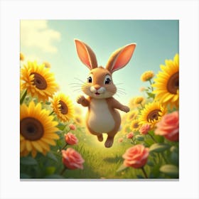 A Fanciful Rabbit Hopping Through A Meadow Filled With Glowing Sunflowers And Roses Canvas Print