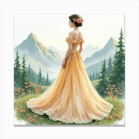 Enchanting Gown In Watercolor, With A Peaceful Mountain Scene 1 Canvas Print