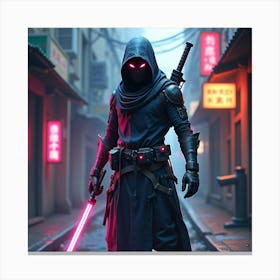 Futuristic Ninja With Neon Weapons And Sleek Armor In An Urban Alley 1 Canvas Print