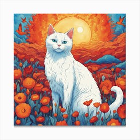 White Cat In Poppy Field Canvas Print