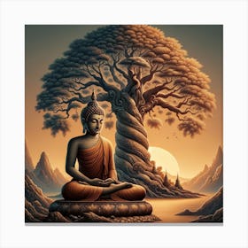 "Tranquil Dawn: Buddha's Enlightenment" - This artwork captures the serene moment of Buddha's enlightenment under the Bodhi tree. The warm glow of sunrise bathes the scene in a peaceful light, symbolizing awakening and inner peace. The detailed depiction of the tree and the Buddha in meditation conveys a deep connection with nature and the profound tranquility of spiritual realization. This piece is ideal for creating a contemplative space that encourages reflection and calmness, resonating with anyone seeking inspiration from the Buddha's journey towards enlightenment. Canvas Print