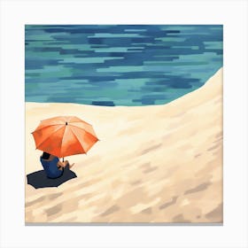 Woman Sitting On Beach With Umbrella Canvas Print