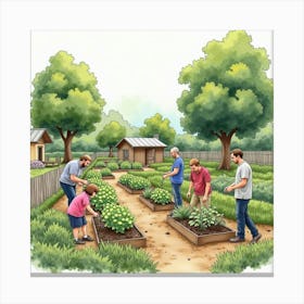 Watercolor Painting Of An English Community Garden With People Planting And Harvesting 1 Canvas Print