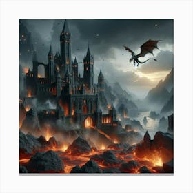 Dragon Flying Over A Castle Canvas Print
