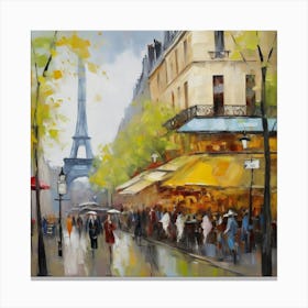 Paris Eiffel Tower Paris city, pedestrians, cafes, oil paints, spring colors. Canvas Print