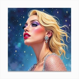 Watercolor Portrait Of Lady Gaga In A Star Studded Sky, With Swirling Cosmic Colors 1 Canvas Print