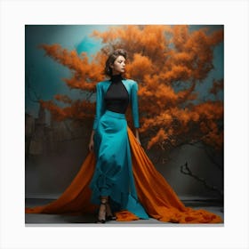 Fashion Model In Orange And Blue Dress Canvas Print