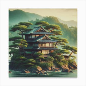 Japanese house in the middle of the sea and trees 3 Canvas Print