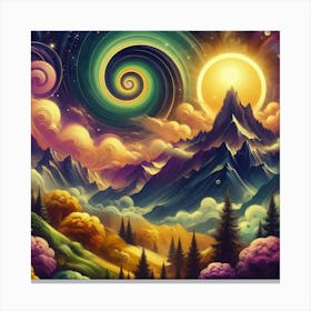 Mountain With Spiral Moon Sun Large Tree 3 Canvas Print