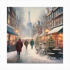 Amsterdam cafes, winter season, Christmas, autumn oil colors, pale colors, pedestrians in the street, winter clothes, falling snow. Lienzo