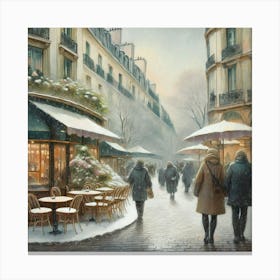 Paris cafes, winter season, Christmas, pale colors, pedestrians in the street, winter clothes, falling snow.18 Canvas Print