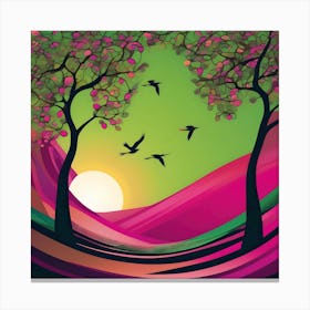 Landscape With Trees And Birds At Sunrise, Green And Fuchsia Canvas Print