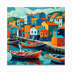 Fishing Village Colorful Cubism Style Canvas Print