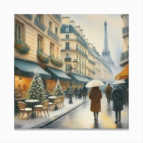 Paris cafes, winter season, Christmas, pale colors, pedestrians in the street, winter clothes, falling snow.13 Canvas Print