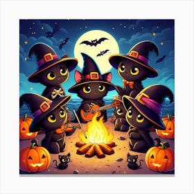 Cute Black Cats Playing Music On Halloween Night Canvas Print
