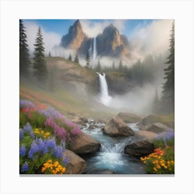 Waterfall And Wildflowers paintings art print Canvas Print