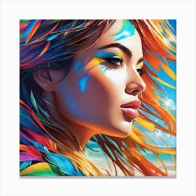 Portrait Of A Woman With Colorful Feathers Canvas Print