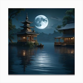 Moonlight Over A Chinese Temple Canvas Print