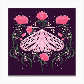 Pink Moth On Deep Purple With Flowers Square Canvas Print