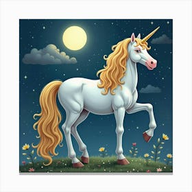 Majestic Unicorn With Golden Mane Under Moonlit Sky 1 Canvas Print