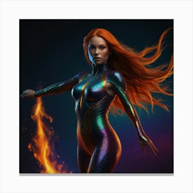 A Phoenix-style female mermaid suspended in space with her hands coming forward casting a spell with a dynamic and expressive hand pose, her face is serious, her long braided fire-red hair reflects psychedelic rainbow flames and her eyes are glowing neon orange with energy smoke coming from the sides, her bodysuit and boots are full gold chrome with her body in a defensive dynamic flying pose, psychedelic black light colors, hyper-realistic, Full body shot zoomed out xc Canvas Print