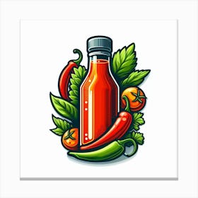 Hot Sauce Bottle With Peppers And Tomatoes Canvas Print