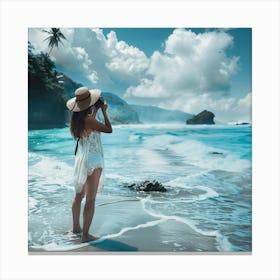 Woman Taking A Photo On The Beach Canvas Print