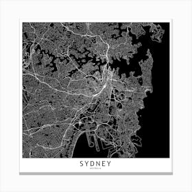 Sydney Black And White Map Square Canvas Print