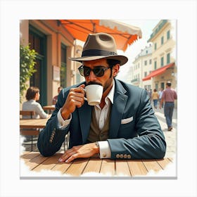 Stylish Italian Man In Watercolor, Sipping Espresso At A Bustling Café Canvas Print