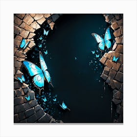 Blue Butterflies In A Brick Wall, Butterflies Emerging From A Cracked Dark Wall Representing Transformation And Hope Canvas Print