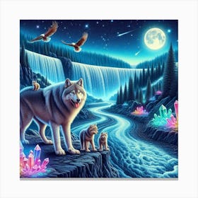 Wolf Family by Crystal Waterfall Under Full Moon and Aurora Borealis and Eagles 1 Canvas Print