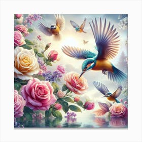 Birds Flying Over Roses Canvas Print