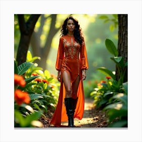 Beautiful Woman In Orange Dress In The Forest Canvas Print