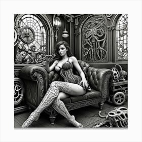 Steampunk Risqué Lady Monochrome Cubism Style Canvas Print