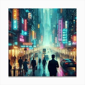 A rainy day in the city. People are walking on the street with their umbrellas. The city lights are reflected on the wet pavement. There is a car with a glowing blue light driving down the street. The city is full of life and energy, even on a rainy day. Canvas Print