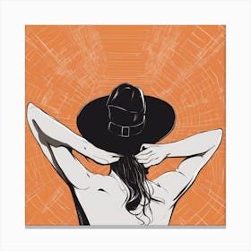 A Silhouette Of A Man Wearing A Black Hat And Laying On Her Back On A Orange Screen, In The Style Of Canvas Print