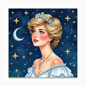 Watercolor Portrait Of Princess Diana In A Whimsical, Starry Night 1 Canvas Print