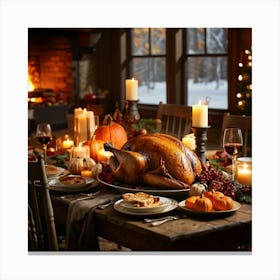 An Inviting Feast Unfolds In A Homey Abundant Setting Right At The Center A Roasted Turkey Radiati (4) Canvas Print