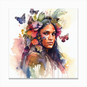 Watercolor Floral Indian Native Woman #5 Canvas Print
