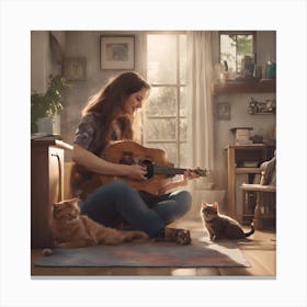 Girl Plays Guitar With Cats Canvas Print