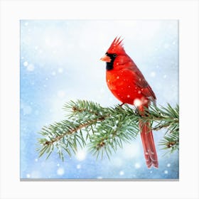 Cardinal Perched On A Frosted Pine Branch Snowflakes Gently Descending Soft Focus Background Of A Canvas Print