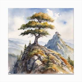 Watercolor Of A Lone Tree On A Mountain Canvas Print