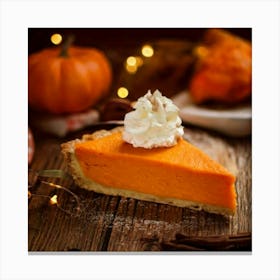 Firefly Pumpkin, Pie, Slice, Whipped, Cream, Close Up, Wooden, Table, Top View, Thanksgiving, Food, (1) Canvas Print