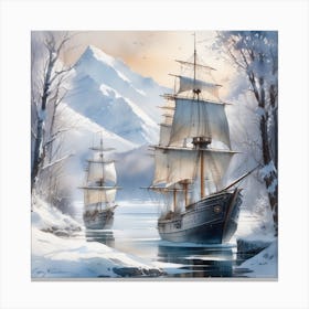 Winter Frozeen ships vikings art Watercolor Canvas Print