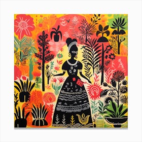 Mexican Woman In Garden Canvas Print