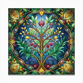 A Stained Glass Tree Of Life With Colorful Leaves And Berries Canvas Print