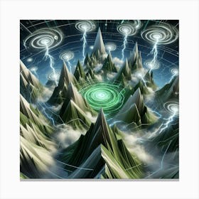 3 Dimensional Mountains With Multiple Green Lightning And White Swirls In A Vortex Canvas Print