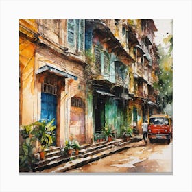 Watercolor painting of an old Street in the town mid century Canvas Print